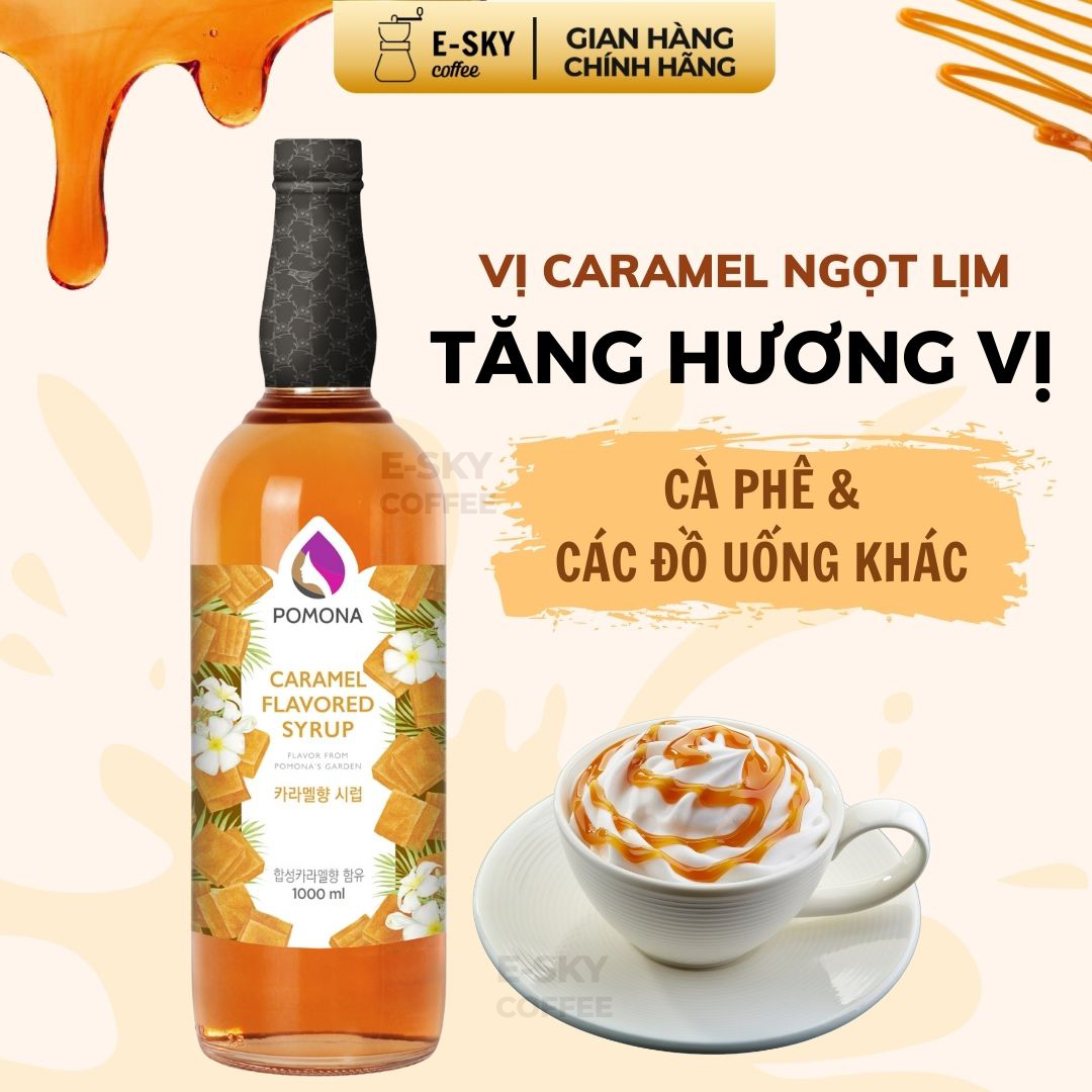 Siro Caramel Pomona Caramel Syrup Nguyên Liệu Pha Chế Hàn Quốc Chai Thủy Tinh 1 Lít
