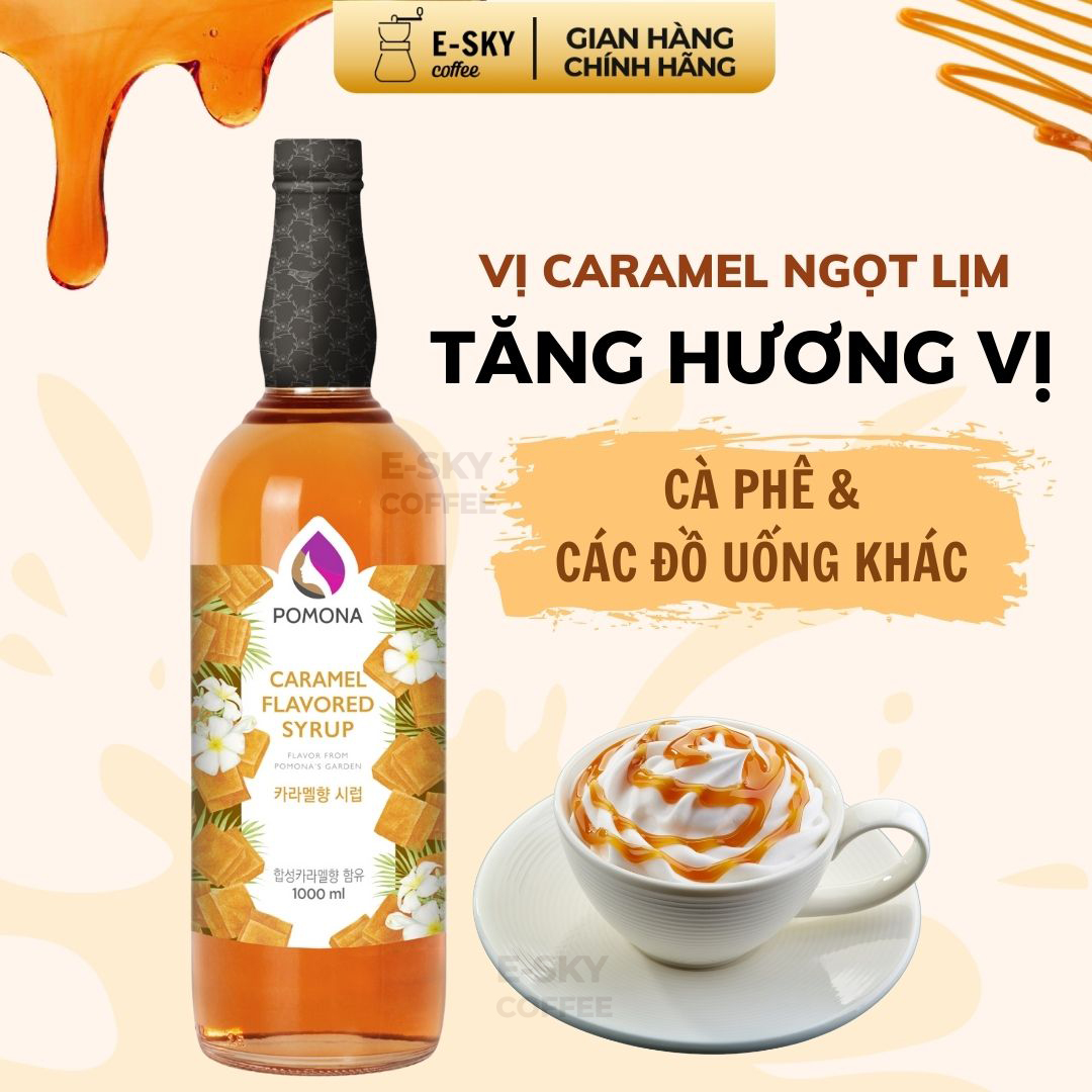 Siro Caramel Pomona Caramel Syrup Nguyên Liệu Pha Chế Hàn Quốc Chai Thủy Tinh 1 lít