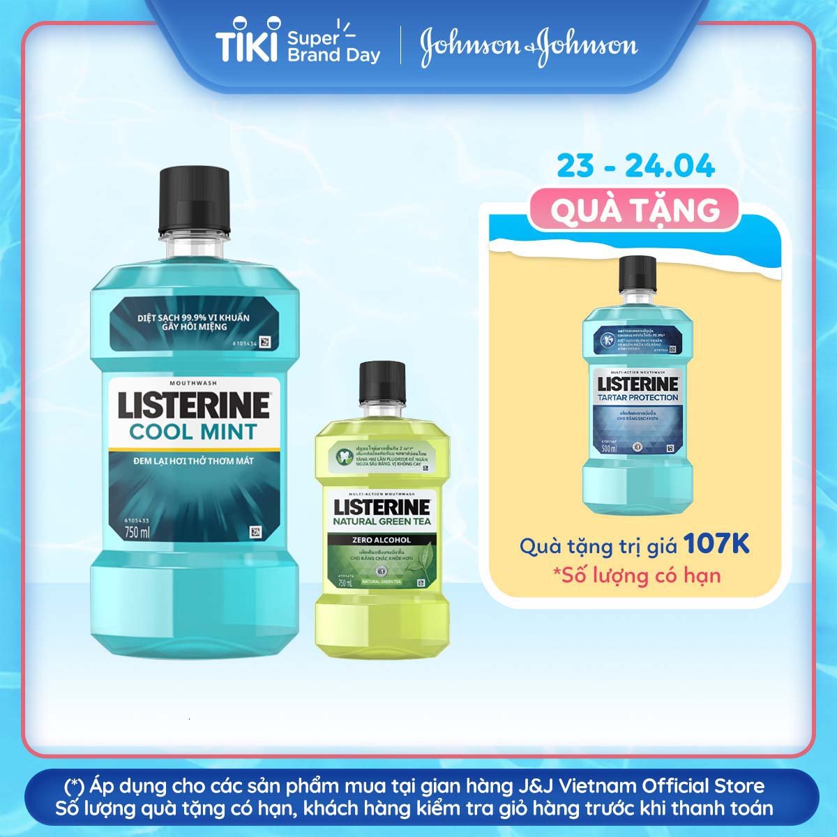 Bộ 2 Nước súc miệng Listerine Cool Mint 750ml + 1 trà xanh 250ml