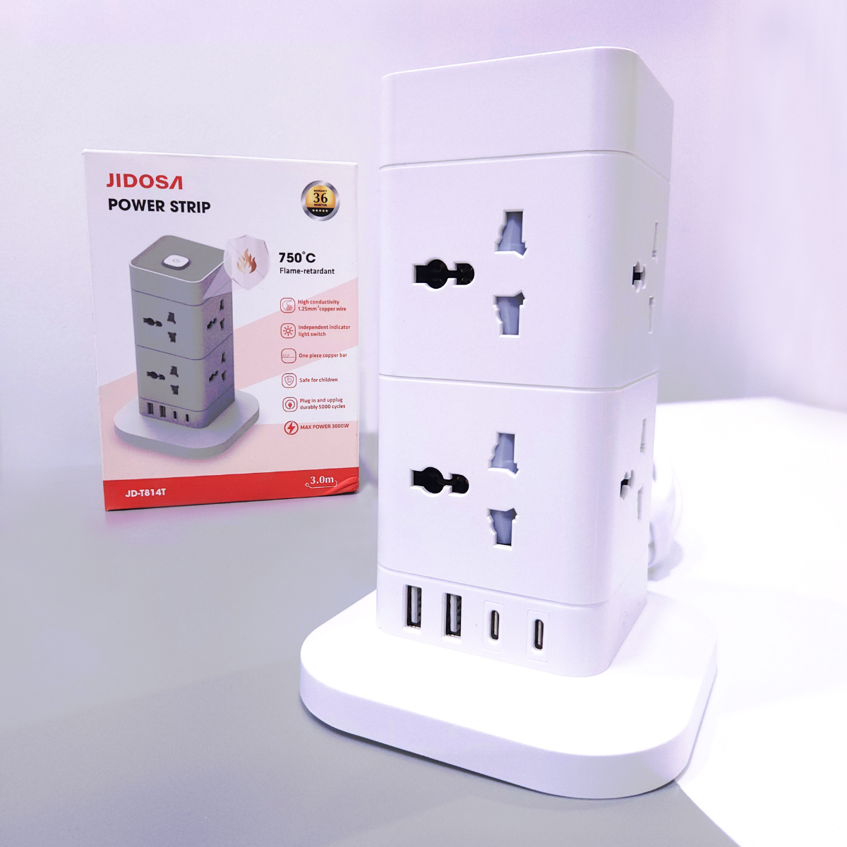 Ổ cắm điện tháp vuông đa năng thông minh JIDOSA JDT814T 8 Ổ cắm tải 3000W USB - Type C dây dài 3m