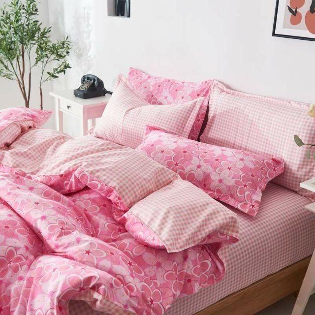Bộ Chăn Ga Gối Cotton Hoa Đào Hồng