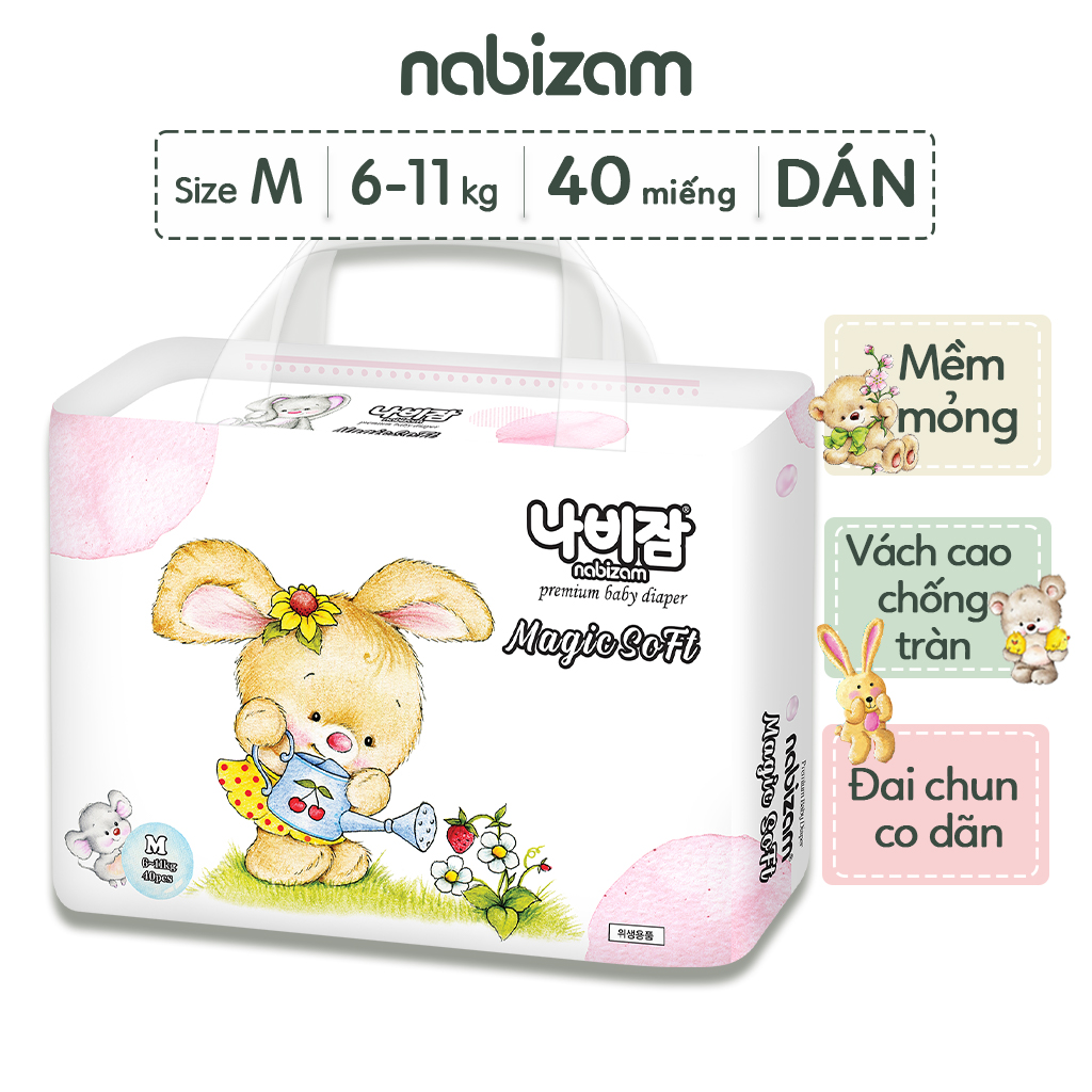 Tã/Bỉm Dán NABIZAM Magic Soft Nội Địa Hàn Cao Cấp Mềm Mại, Mỏng, Thoáng Khí Hiệu Quả Size M Cho Bé 6-11kg, 40 Miếng/Bịch