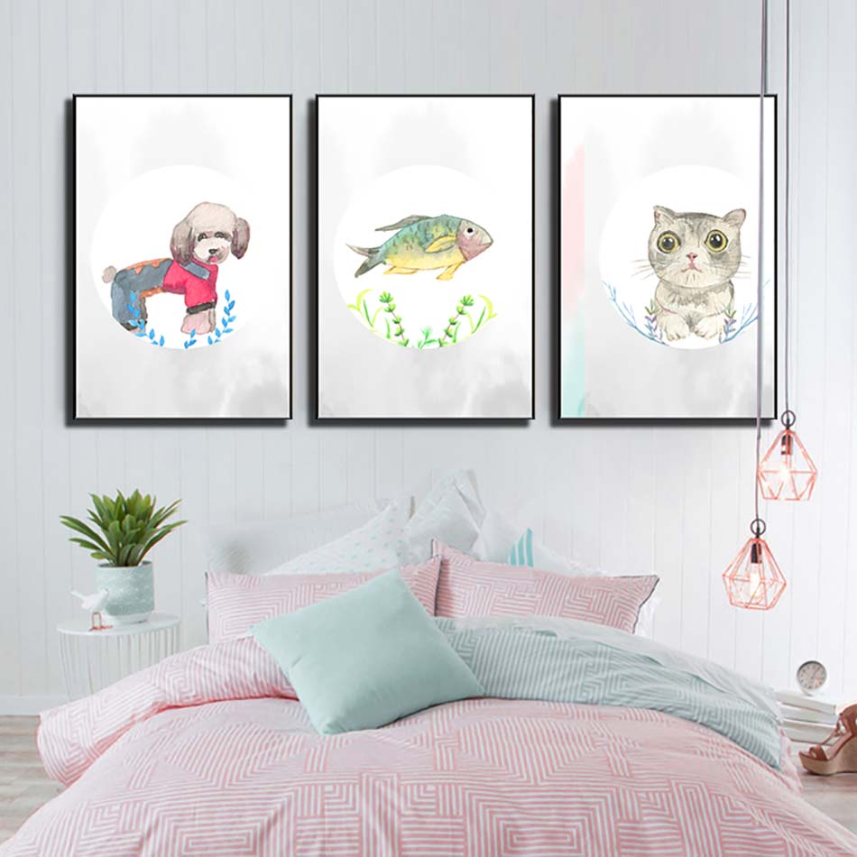 Bộ 3 tranh canvas trang trí phòng trẻ em Chó con, Cá và Mèo nhỏ - TTE017
