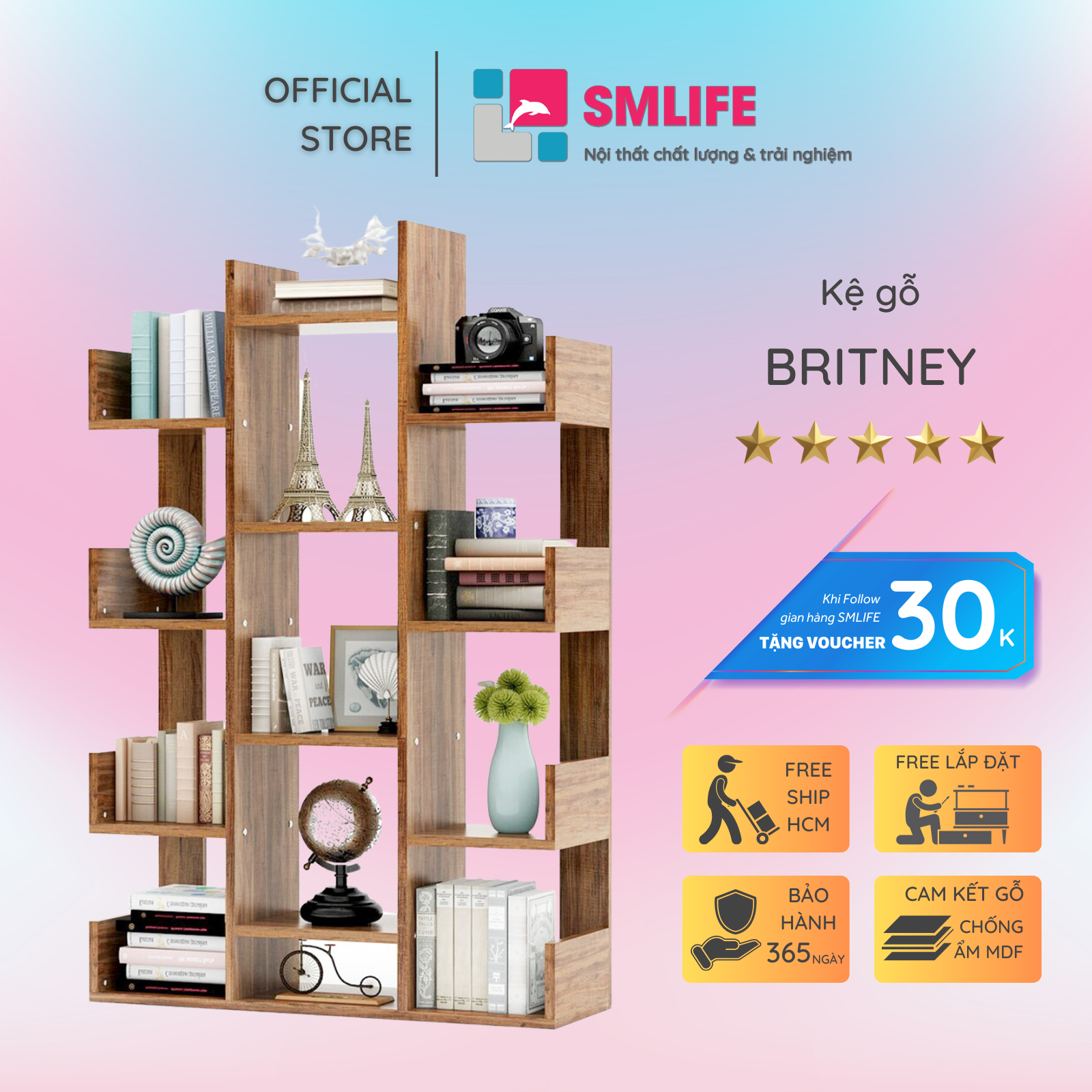 Kệ sách gỗ hiện đại SMLIFE Britney  | Gỗ MDF dày 17mm chống ẩm | D100xR30xC150cm - Màu