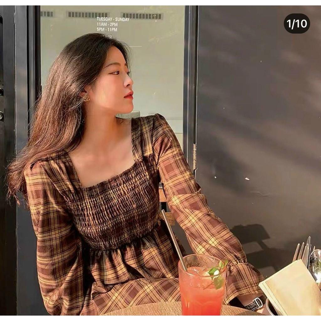 VÁY MAXI CHUN KẺ NÂU TAY BÓ DÀI ĐẦM KẺ CARO NÂU DÁNG XÒE CỔ VUÔNG HOT