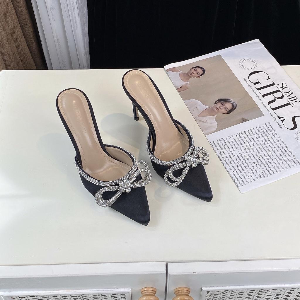 Giày sục nữ Shu Store mũi nhọn nơ đá, Sục nữ cao gót 10P khóa đá mẫu mới 2022 đi tiệc-giày cô dâu xinh xắn