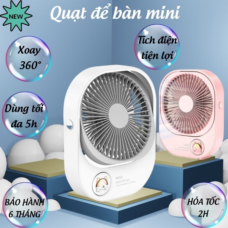 Quạt Sạc Tích Điện Để Bàn Đa Năng, Quạt Mini Sạc Pin Để Bàn Hình Mèo Cute,  Hình Thú Dễ Thương, Có 3 Tốc Độ Gió Siêu Mát, Sử Dụng 4-5 Tiếng