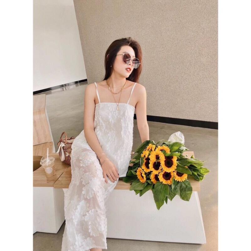 Set trắng quần dài áo 2 dây hoa nổi có size