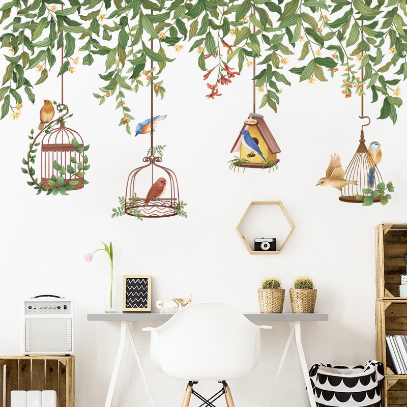 Decal trang trí tường - Dây leo và lồng chim nho nhỏ