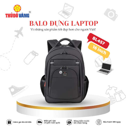 457 THỦ ĐÔ VÀNG Balo Nam Nữ size trung Đi Làm, Đi Học, Đi Du Lịch bảo vệ Laptop 16 inch chống sốc BL457