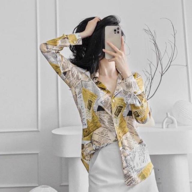 Áo Sơ Mi Lụa họa tiết chữ vàng form dài