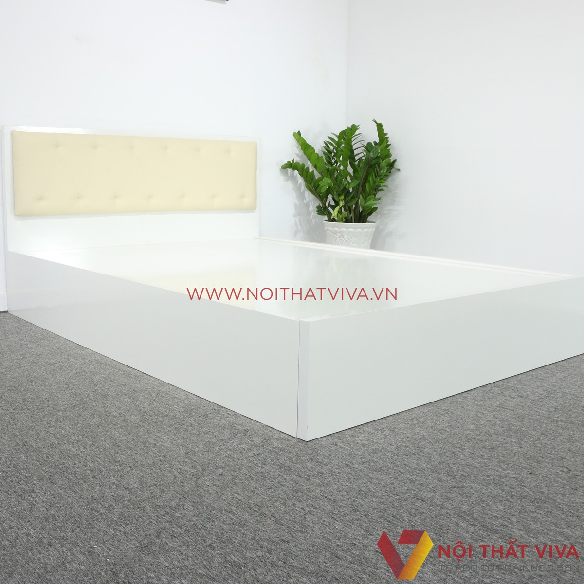 Giường Ngủ MDF Melamine Màu Trắng Có Đầu Nệm Kem Đẹp Giá Rẻ