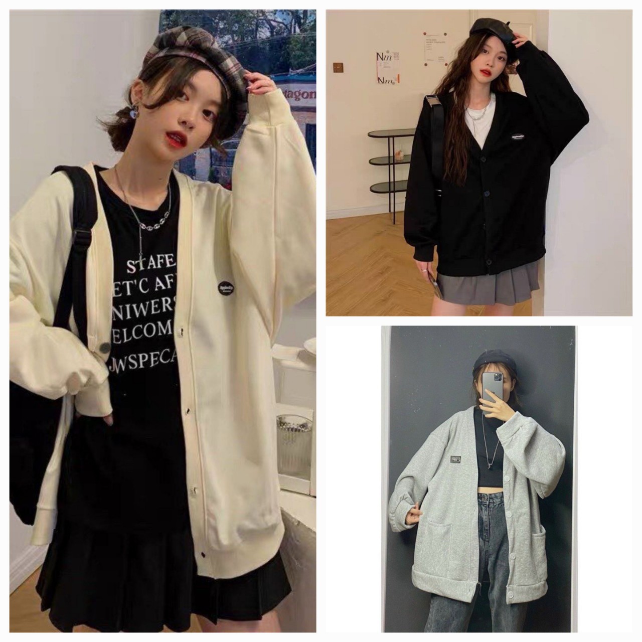 Áo khoác Cardigan nữ THÊU LOGO chất nỉ dày dặn phối nút 2 túi rộng nam nữ unisex