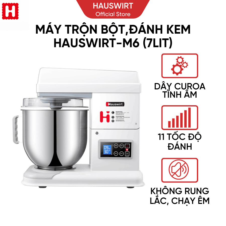 Máy trộn bột, đánh kem, đánh trứng Hauswirt M6 dung tích âu 7l, đánh tối đa 1,3kg bột khô hàng chính hãng