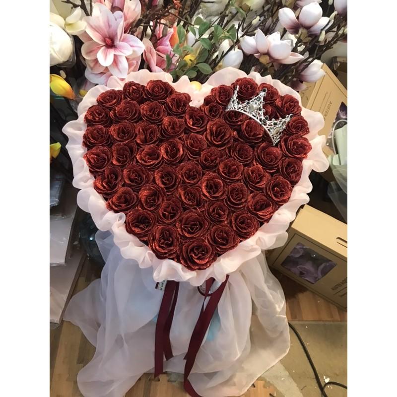 Bó tim Nhũ 50bông vĩnh cửu phối voan Hàn cao cấp. Siêu to, tự đứng được.