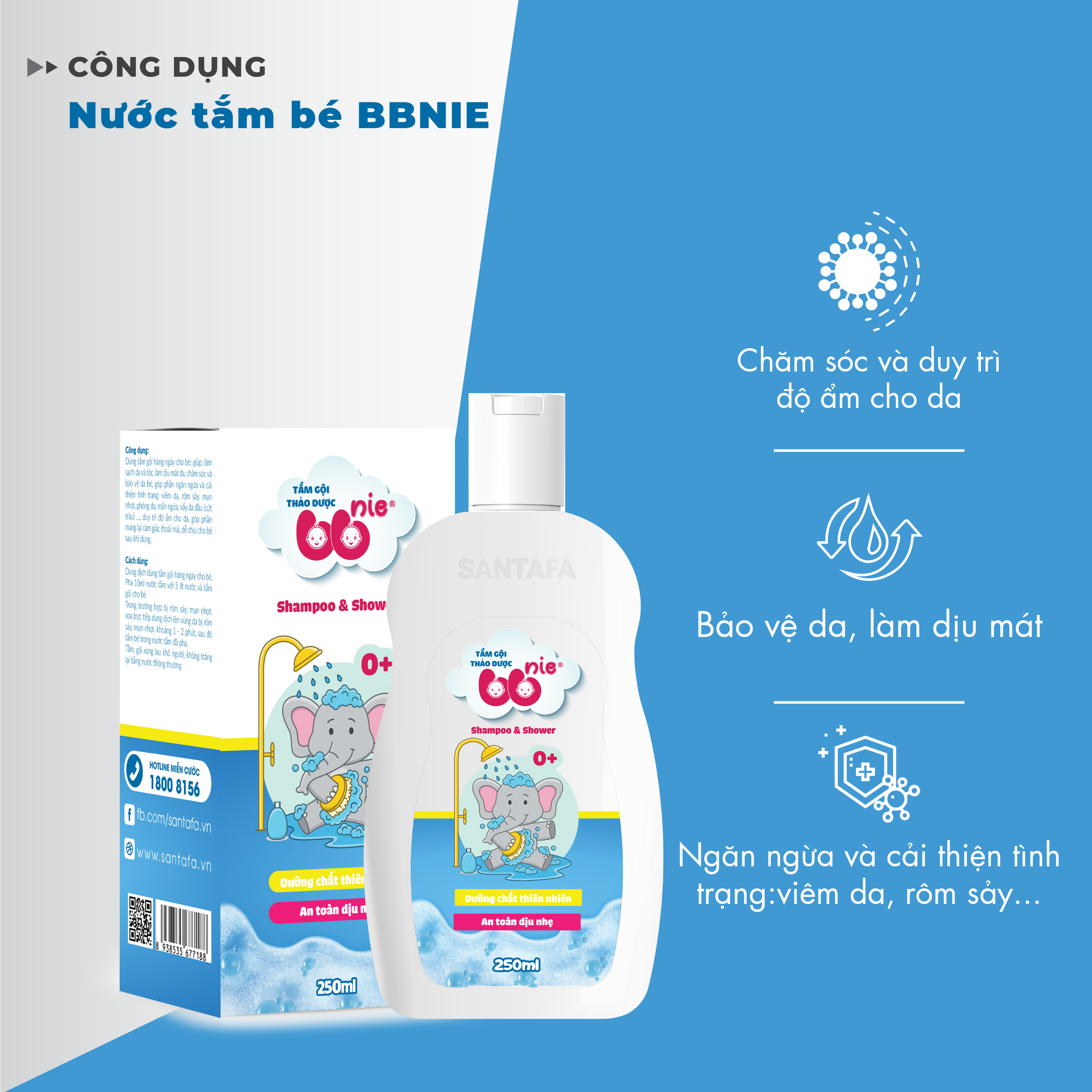 Nước tắm gội thảo dược BBNIE - Chăm sóc và duy trì độ ẩm cho da, ngăn ngừa và cải thiện tình trạng: Viêm da, rôm sảy, mụn nhọt, phỏng dạ, mẩn ngứa, vảy da đầu - Chai 250ml