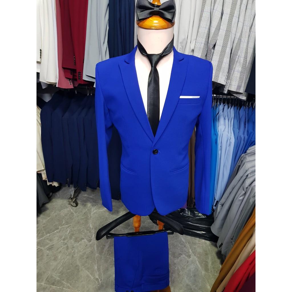 Bộ vest nam màu xanh coban cực chất cực dày mịn tặng kèm combo phụ kiện