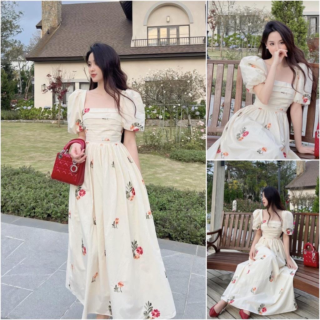 ĐẦM XOÈ CỔ VUÔNG XẾP LI TAY PHỒNG THÊU HOẠ TIẾT