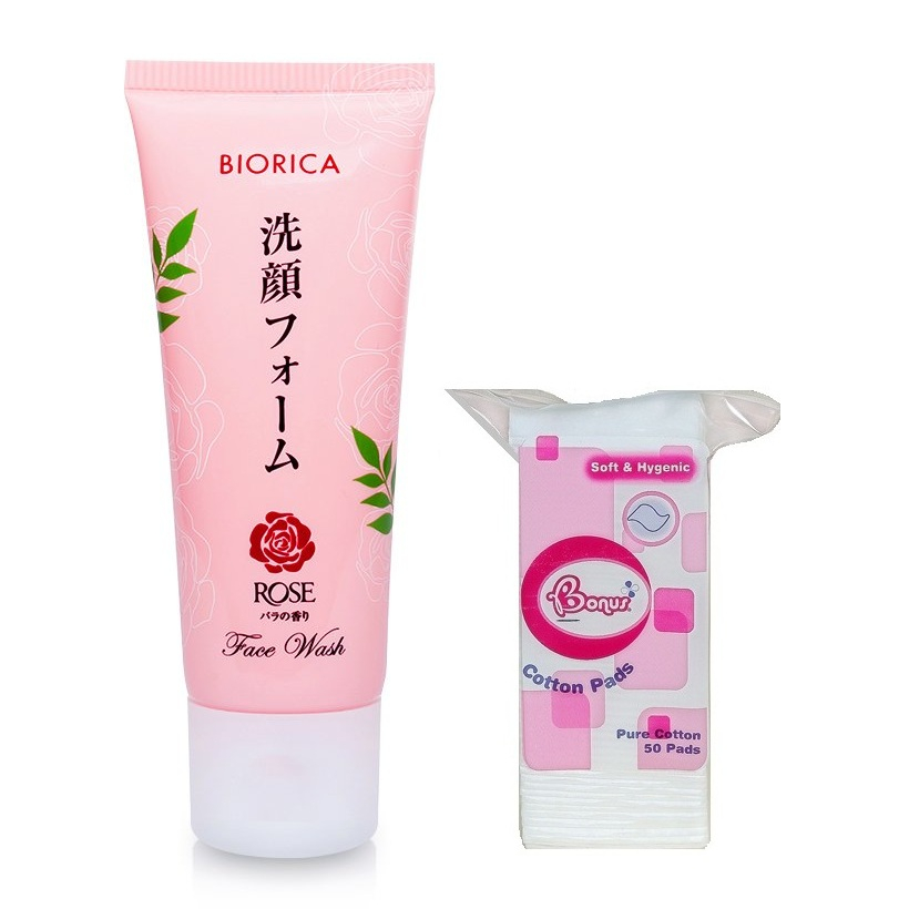 Combo 1 sữa rửa mặt trắng da sạch nhờn hoa hồng Biorica nhật bản ( 50g) + 1 bông tẩy trang ( gói 50 miếng)