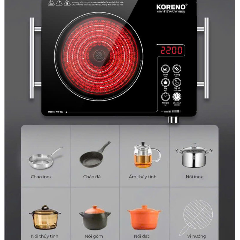 Bếp hồng ngoại Koreno Thái Lan KN-867 công suất 2200W tặng kèm vỉ nướng, bảo hành 12 tháng - Hàng chính hãng