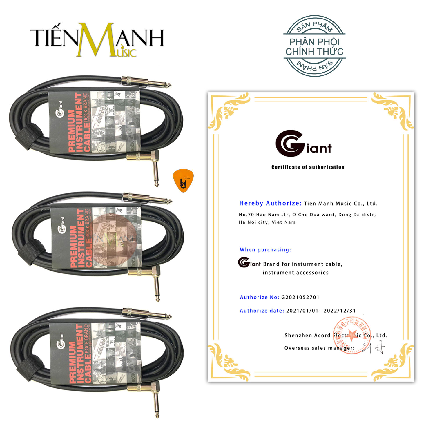 Dây Cáp Guitar Ggiant 2 Đầu 6ly TS Mono 3m Cable Tín Hiệu Jack, Rack, Zắc, Rắc, Giắc Hàng Chính Hãng - Kèm Móng Gẩy DreamMaker