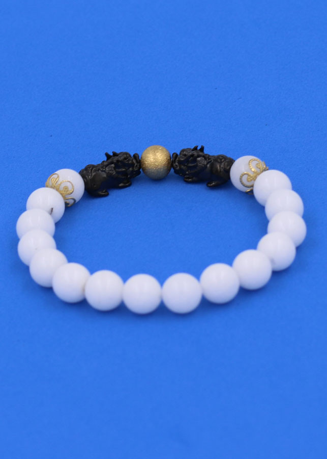 Vòng tay chuỗi hạt San Hô Trắng size 8 ly, 10 ly, 12 ly - Vòng tay Tỳ Hưu Đôi inox đen VSHTTHHEV8 - hợp mệnh Kim, mệnh Thủy
