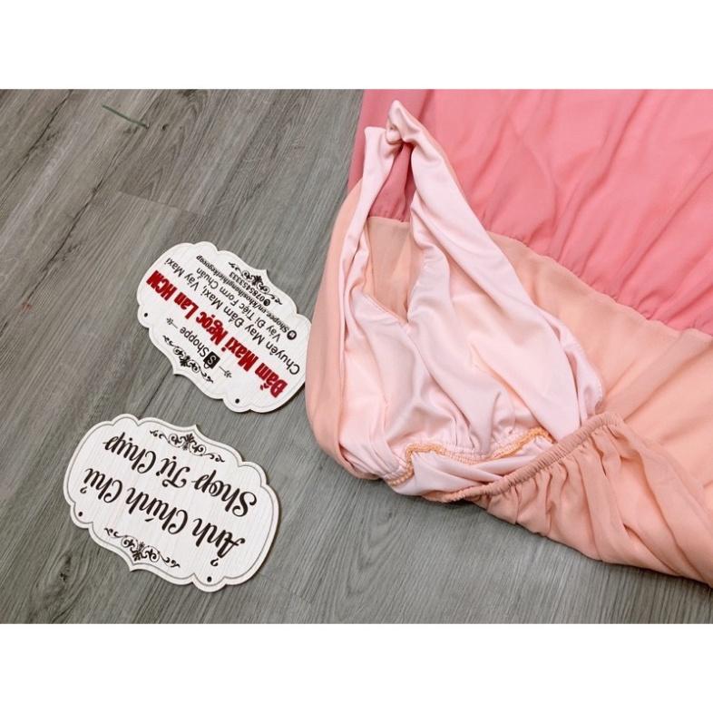 Đầm váy maxi voạn lót lua mút ngực suông xoè dài cổ yếm phối màu hồng đỏ đi biển dự tiệc dạo phố bigsize gợi cảm