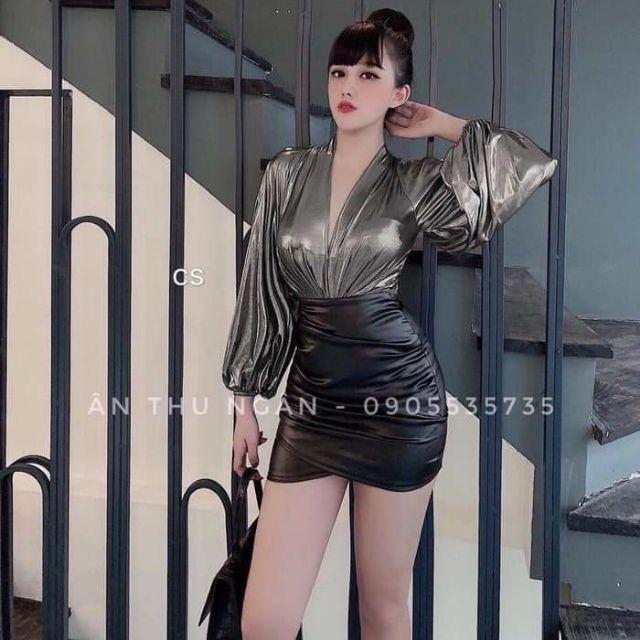 Jump nhủ tay phồng phối chân váy da