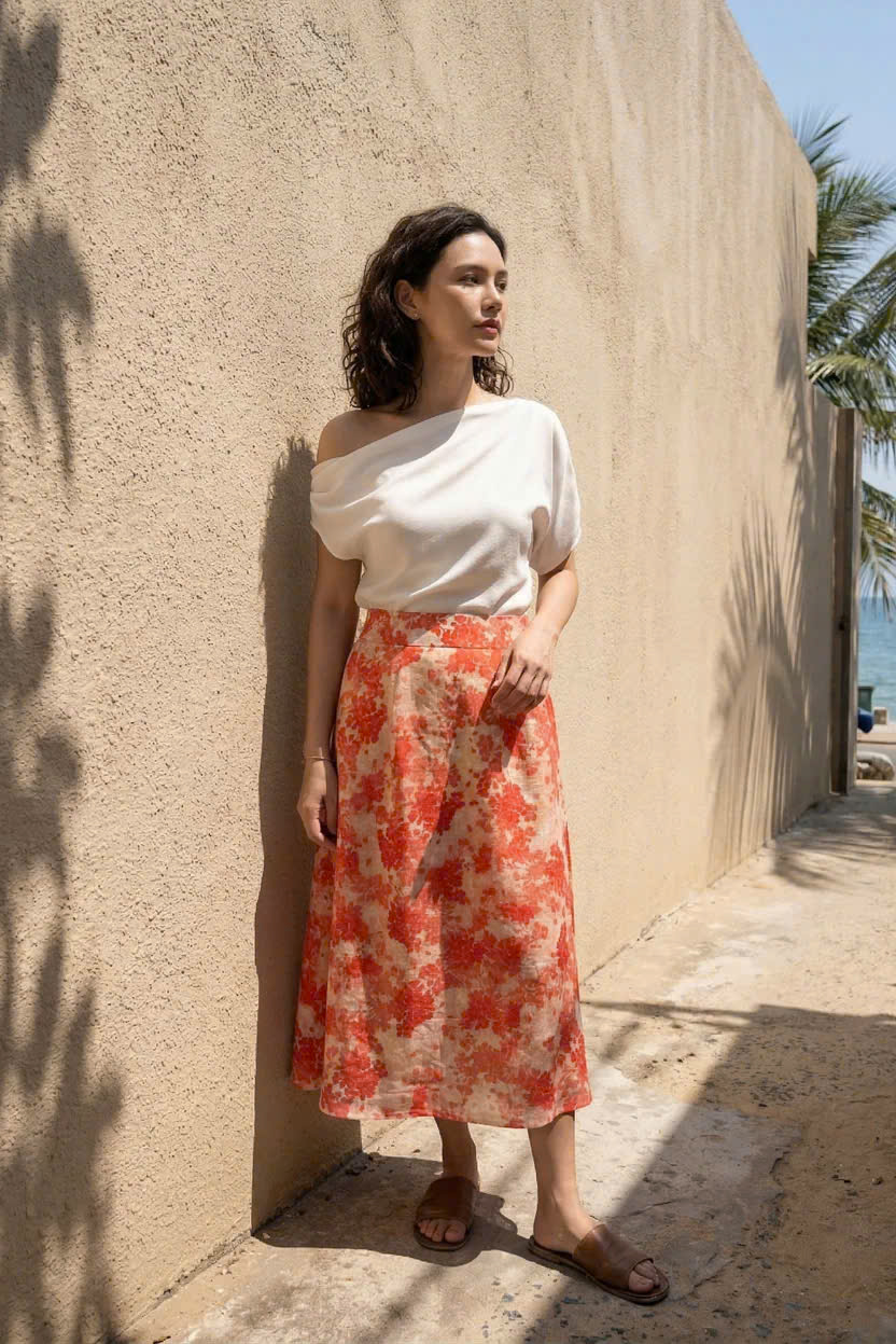 Váy Midi Ramie In Hoa Thanh Minh Ski055 Thời trang Hity