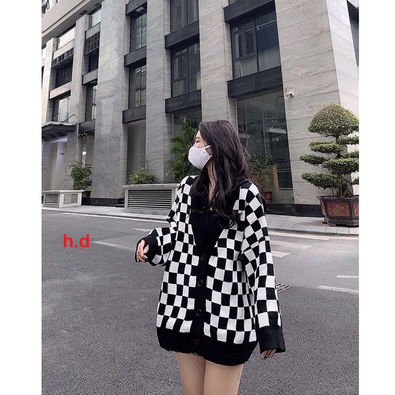 Áo Khoác Cardigan Cúc Giữa Dáng Rộng Kẻ Ô Vuông Năng Động