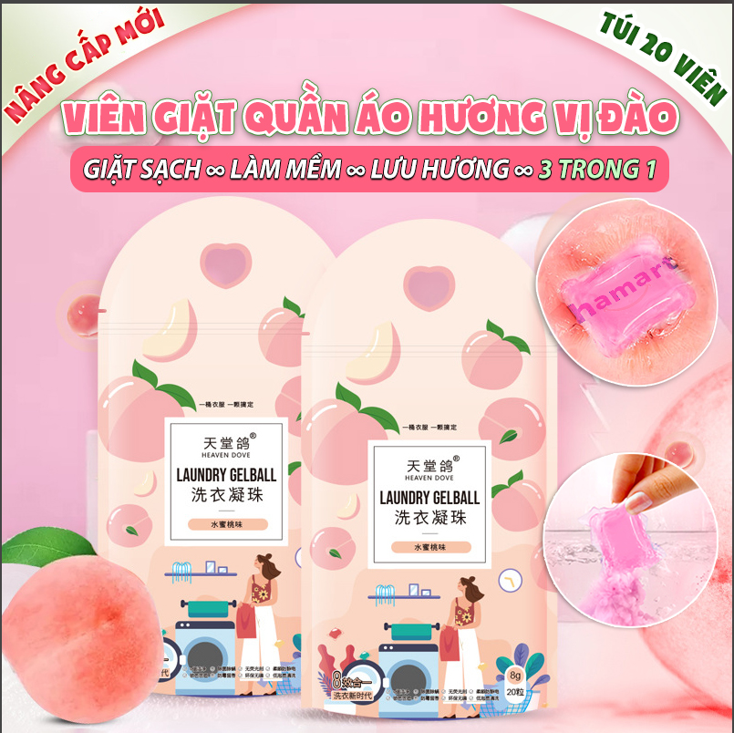Túi 20 Viên Nước Giặt Quần Áo Hương Đào Heaven Dove 3 Trong 1 Hạt Giặt Xả Đồ Lưu Hương Tiện Lợi