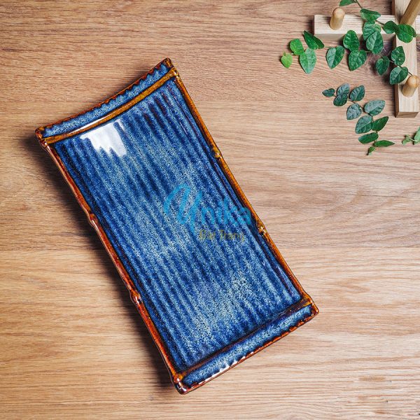 Khay nan mmen xanh sóng biển 4 size - Đĩa hình nan men xanh hỏa biến - Gốm sứ Bát Tràng