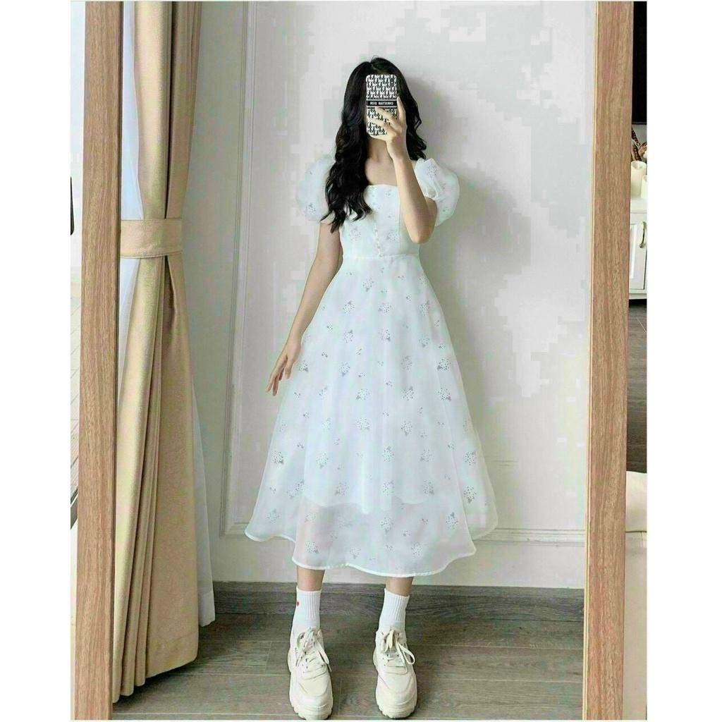 Đầm trắng hoa nhí nút bọc tay voan cổ vuông dáng xòe dự tiệc mẫu thảo nhi shop