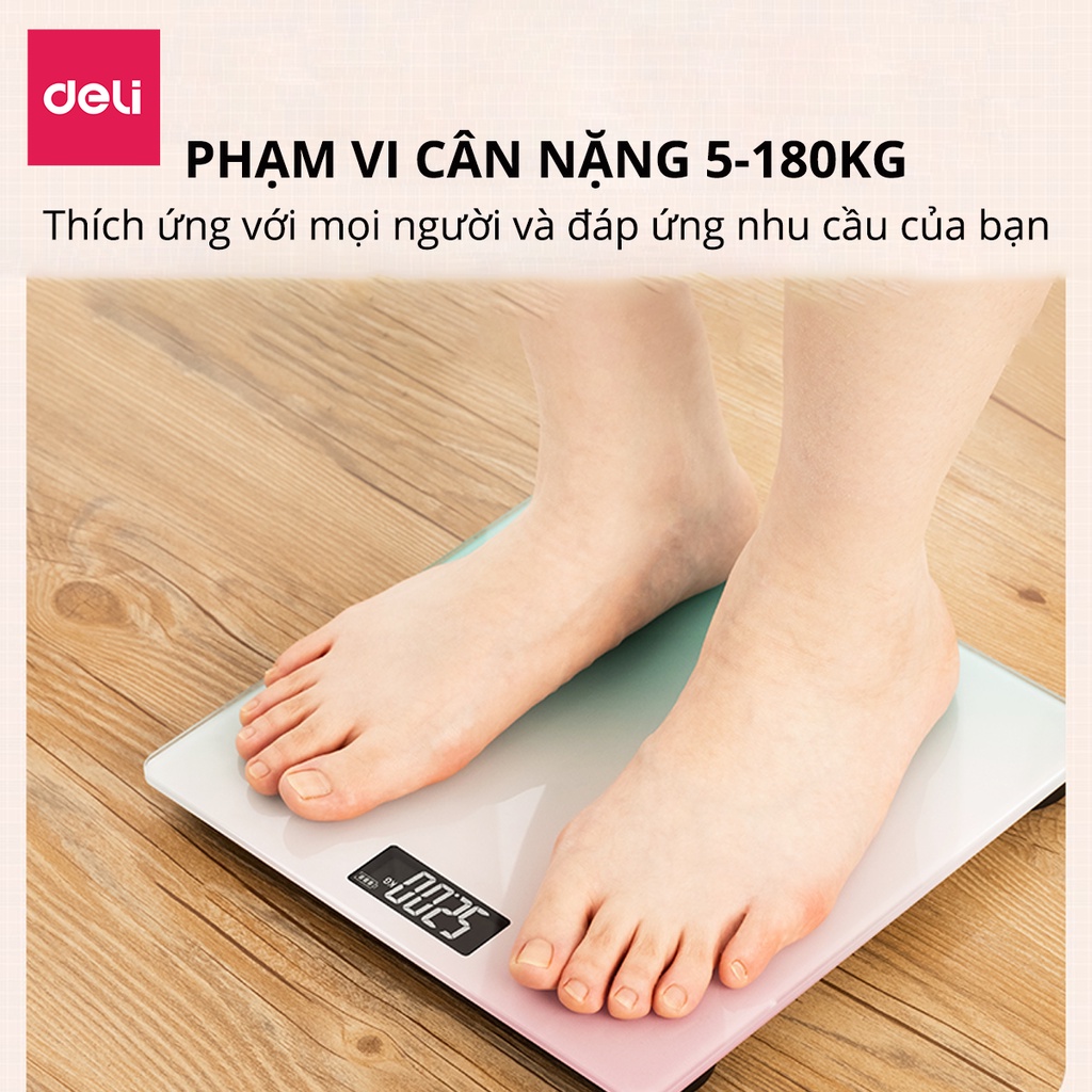 Cân Điện Tử Sức Khoẻ Thông Minh Mặt Vuông Kính Cường Lực Chịu Lực 180Kg Deli - Phù Hợp Gia Đình Trường Học Theo Dõi Đo Lường Sức Khoẻ - Nhiều Màu Sắc - Hàng Chính Hãng - Kết quả chính xác - E86120