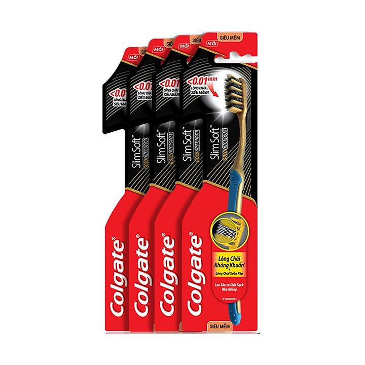 Bộ 4 bàn chải đánh răng Colgate than hoạt tính kháng vi khuẩn Slimsoft Gold Charcoal mềm mảnh (Màu ngẫu nhiên)