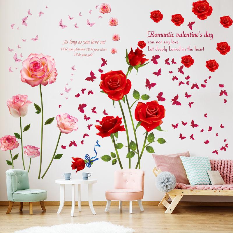 DECAL DÁN TƯỜNG COMBO HOA HỒNG ĐỎ VÀ PHẤN