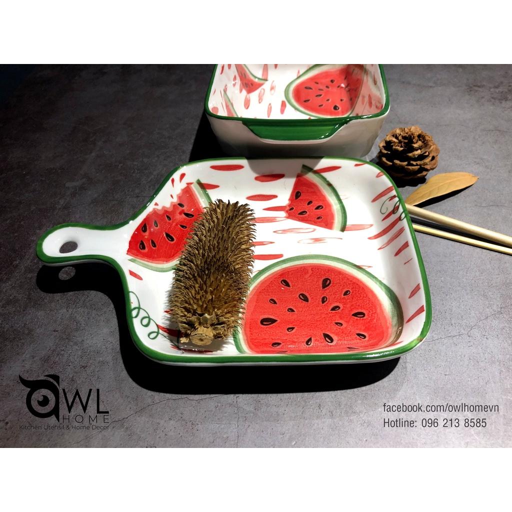 Thố vuông có tay cầm họa tiết trái cây banana/water melon ceramic