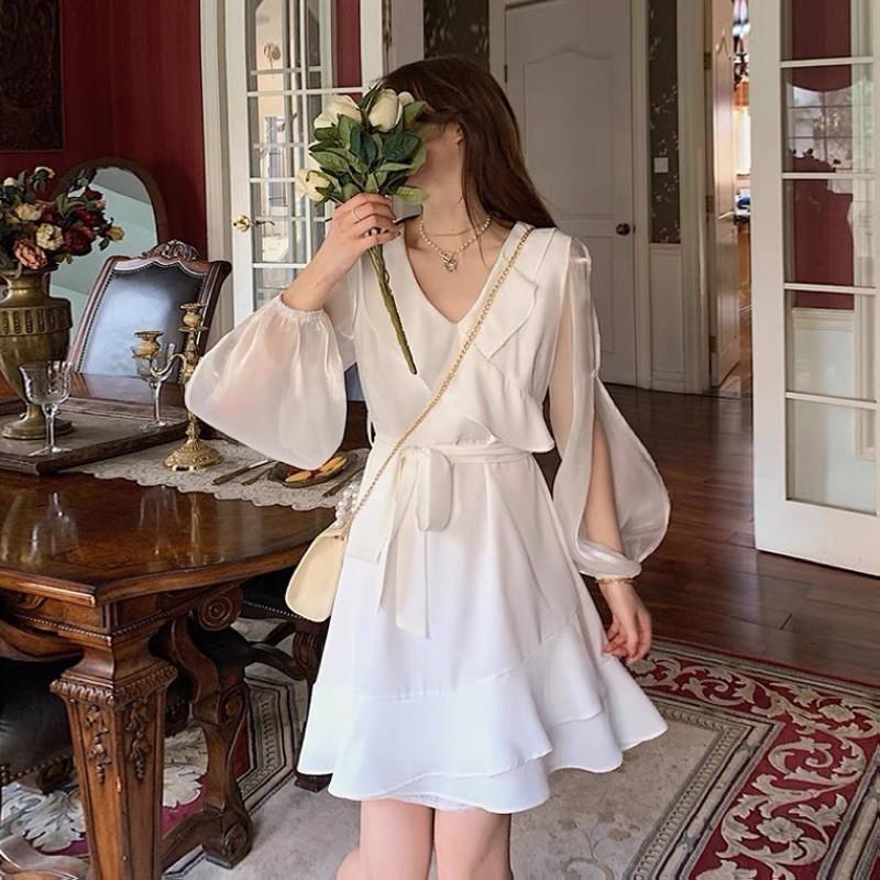 Đầm voan cổ bèo thắt nơ eo nữ tính mẫu 2021