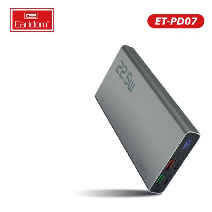 Sạc Dự Phòng 10.000mAh Earldom PD-07 Hỗ Trợ Công Nghệ Sạc Nhanh QC 3.0 Và Cổng Sạc PD, Tổng Công Suất 22.5W, Hàng Chính Hãng