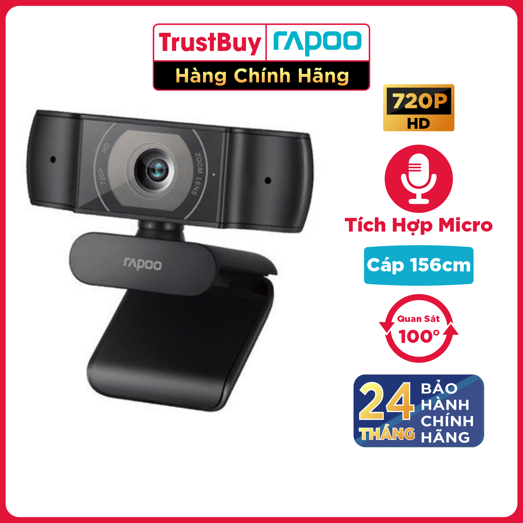Webcam HD 720P Micro Khử Ồn Kép Ra RAPOO C200 - Hàng Chính Hãng