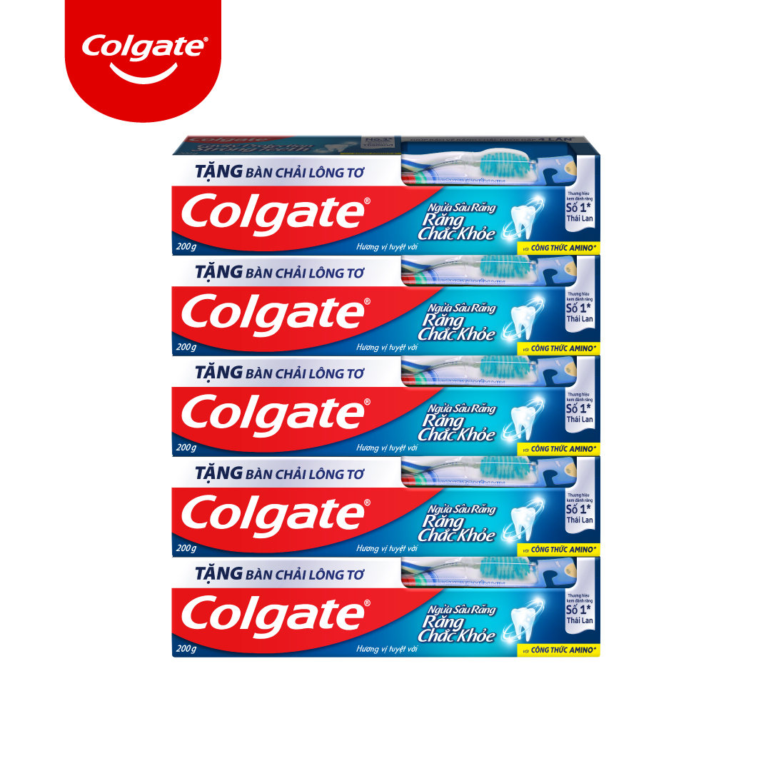 Bộ 5 Kem đánh răng Colgate ngừa sâu răng vượt trội công thức cải tiến hương vị tuyệt vời 200g/tuýp tặng bàn chải đánh răng