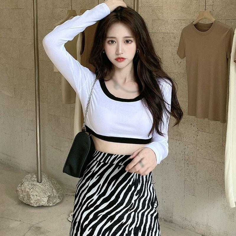 Áo Dệt Kim Tay Dài Cổ Chữ U Phối Màu Tương Phản Quyến Rũ Cho Nữ