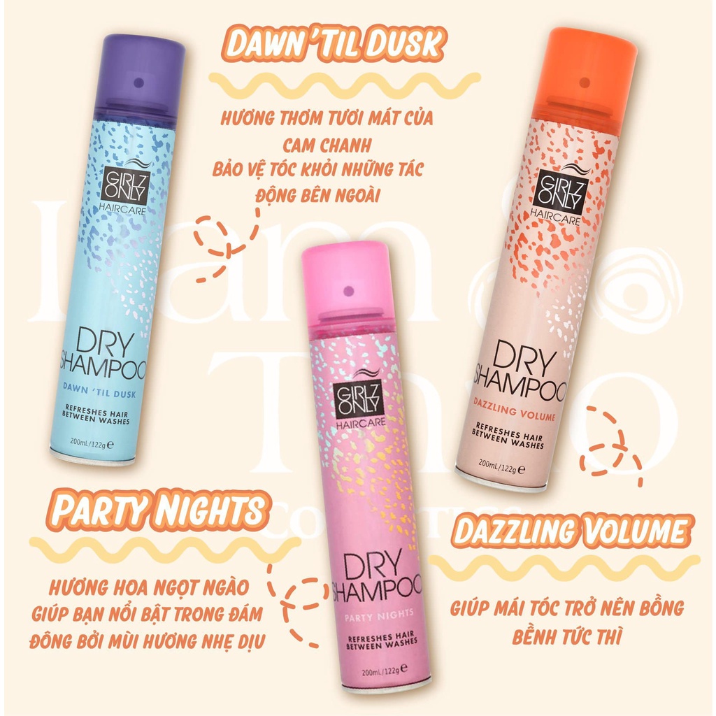 Dầu Gội Khô Girlz Only 200ml giúp làm phồng, hỗ trợ cải thiện tình trạng khô bết tóc (Party Night, Dawn 'Til Dusk, Dazzling Volume, No Residue Nude, For Brunette, For Blondes, De-Frizz )