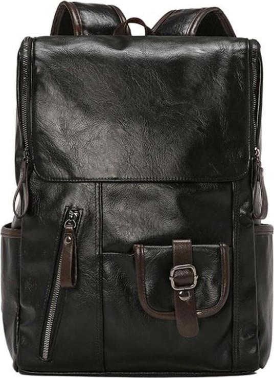 Men's Large Capacity Leather Casual Laptop Backpack - Black