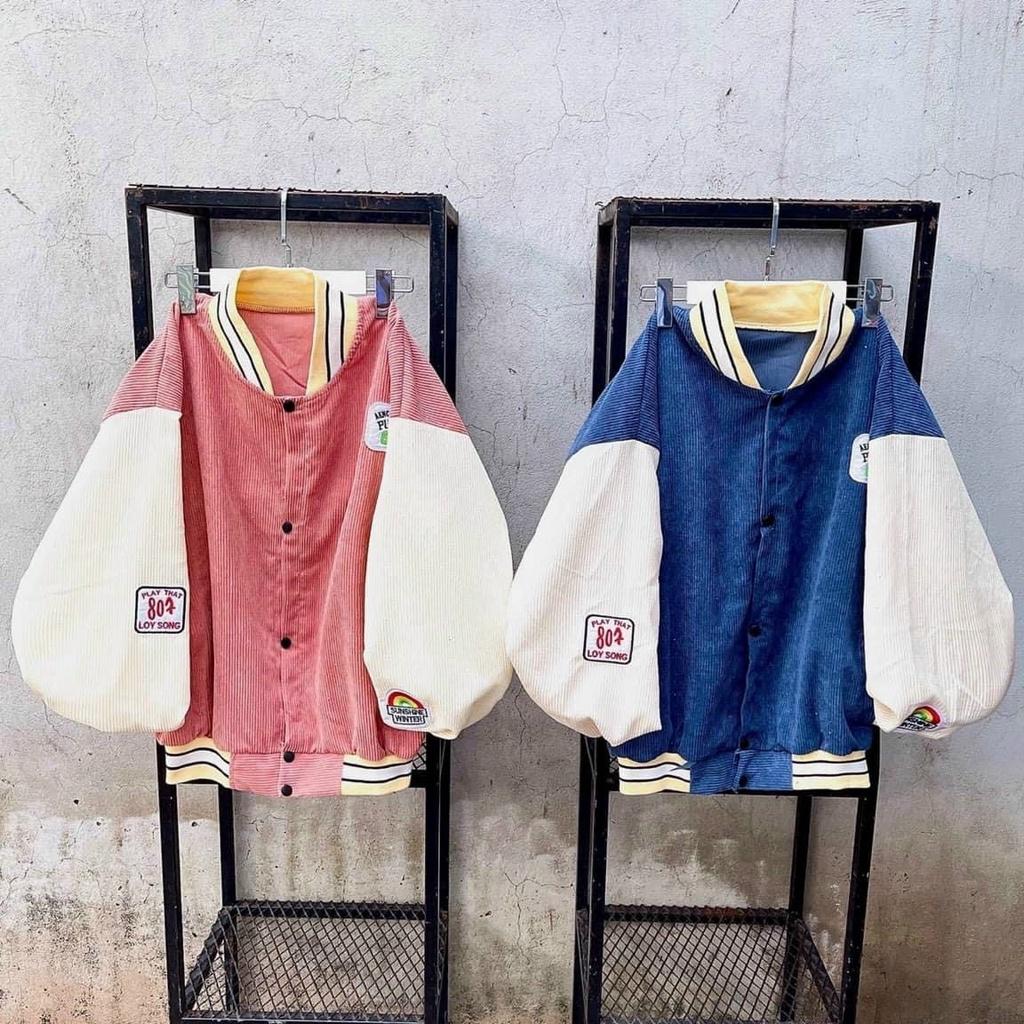 Áo Khoác Bomber Jacket Nhung Gân Tăm Thêu LOGO PUCBY Varsity Form Rộng Unisex Nam Nữ Ulzzang