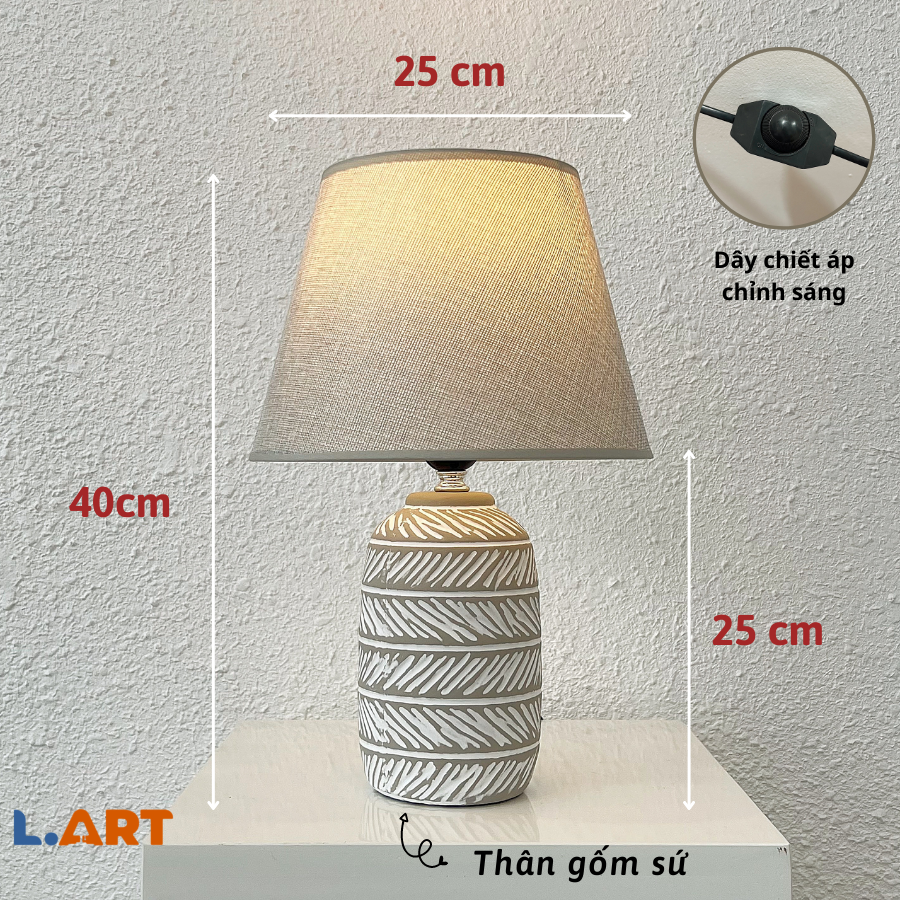 Đèn ngủ gốm vintage màu xám trắng họa tiết lá DS-TL9614