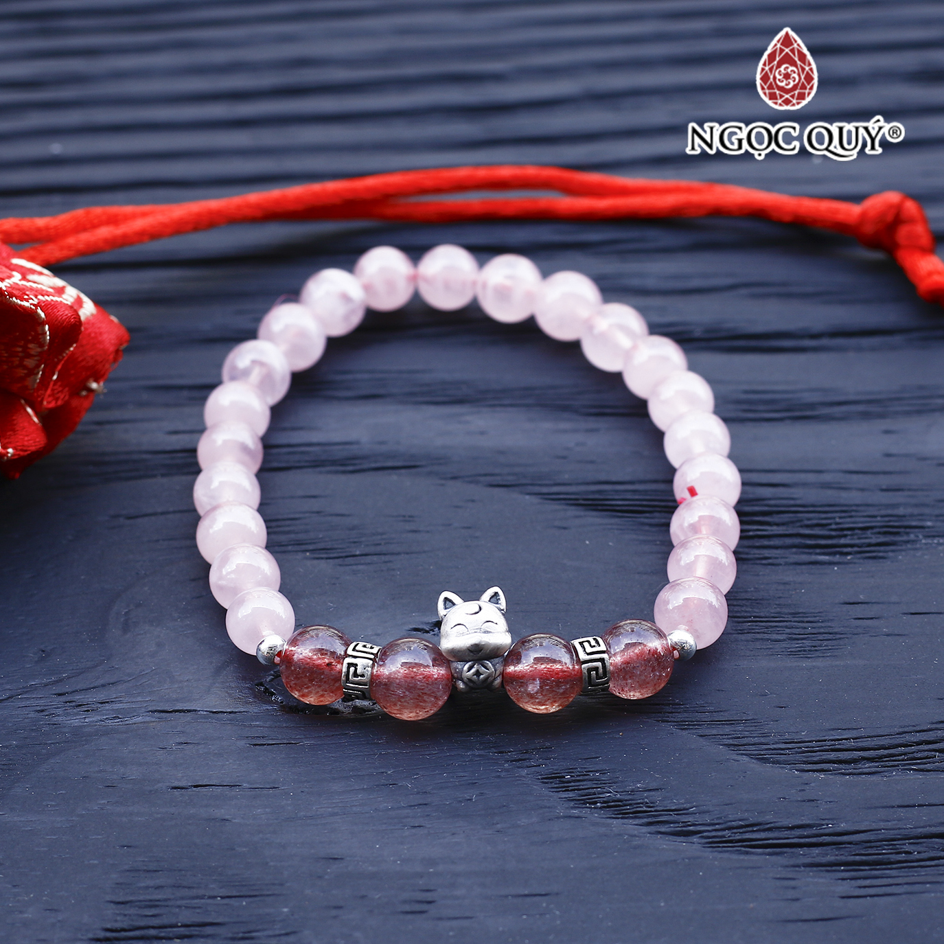 Vòng thạch anh hồng phối thạch anh dâu charm hồ ly 9 đuôi bạc - Ngọc Quý Gemstones