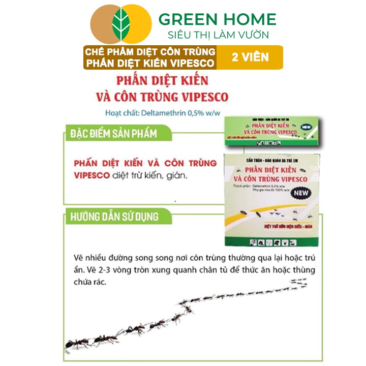 Phấn Diệt Kiến Và Côn Trùng Vipesco, GreenHome, Hộp 2 Viên, Diệt Trừ Kiến, Gián, Rận, Rệp, Bọ Chét