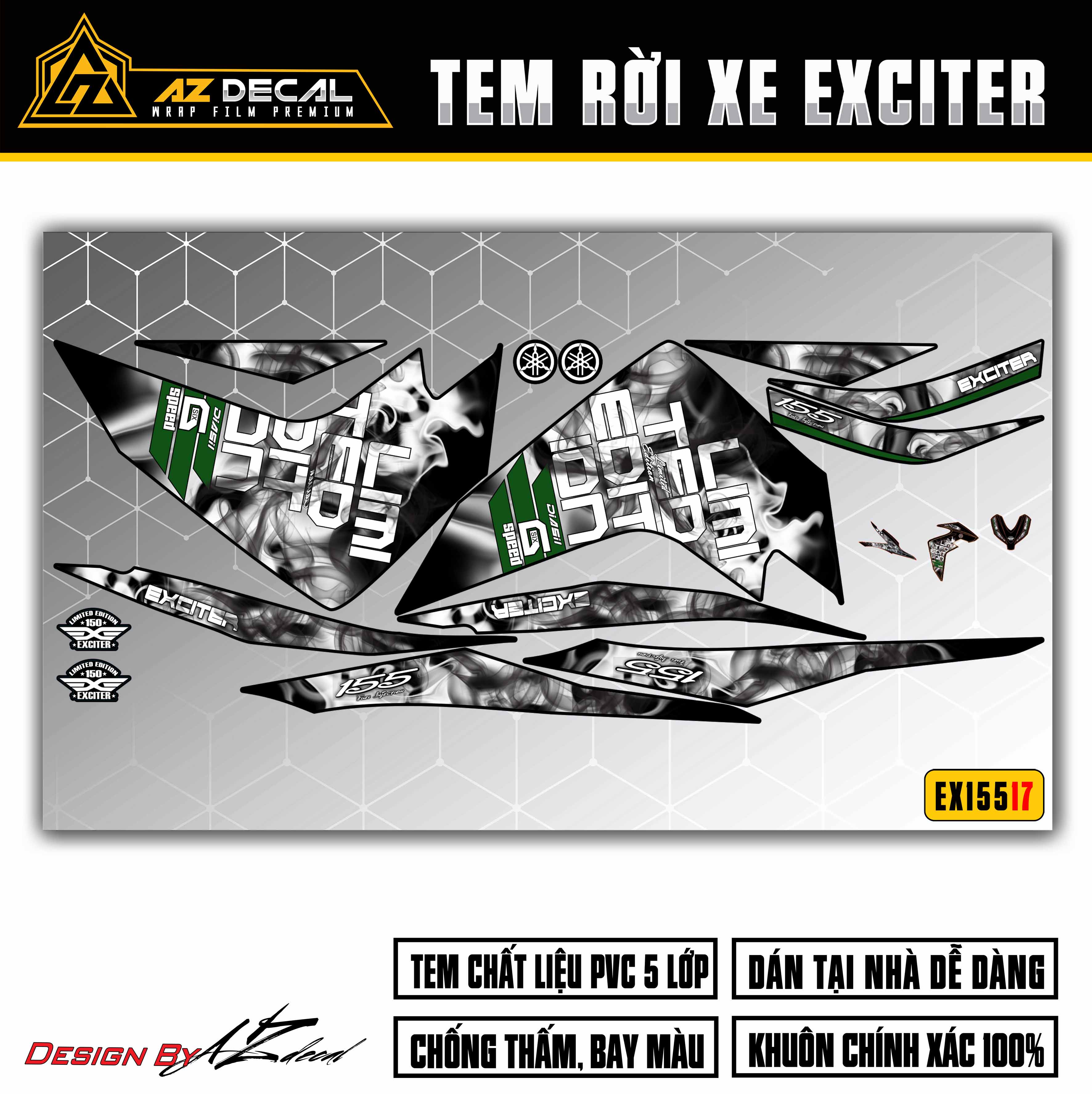 Tem Xe Exciter 155 VVA Mẫu Vân Khói | EX15517 | Decal Rời Dán Ex155 Màu Đỏ, Đen, Trắng, Xanh GP