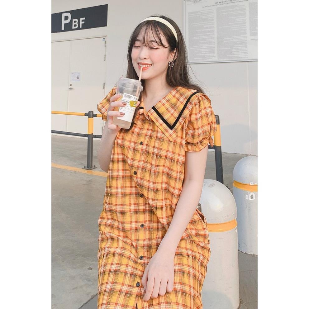Đầm váy nữ 92WEAR đủ màu, đủ size, dáng suông ngắn tay kẻ caro viền lá cổ DXW0235 ! *